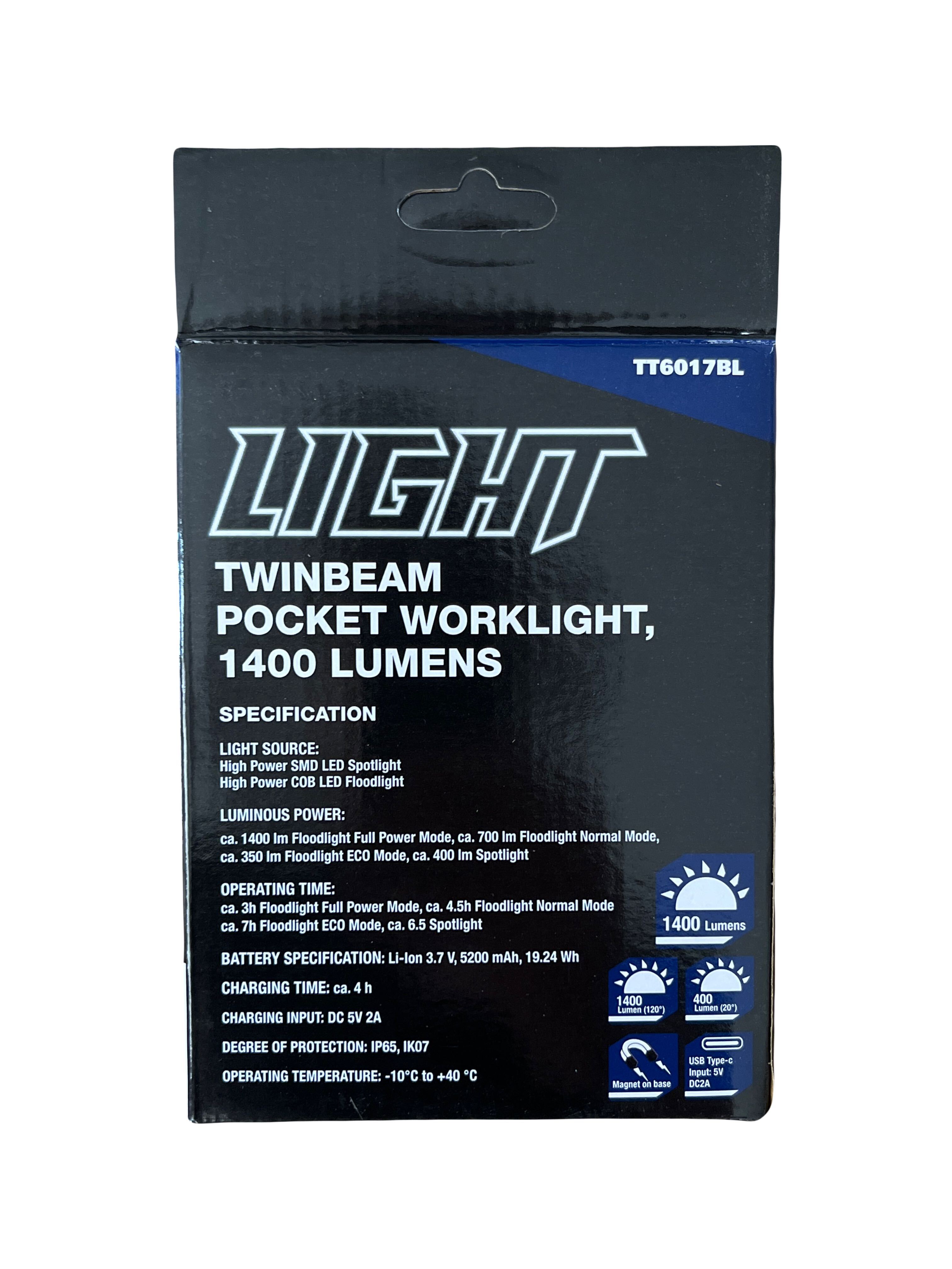 LIGHT Twinbeam Heavy Duty Rechargeable Pocket Work Light Torch 1400 Lumens Blue